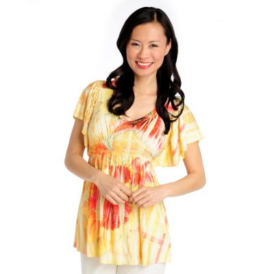 712-713 - One World Jersey Knit Flutter Sleeved Smocked Waist Embellished Top