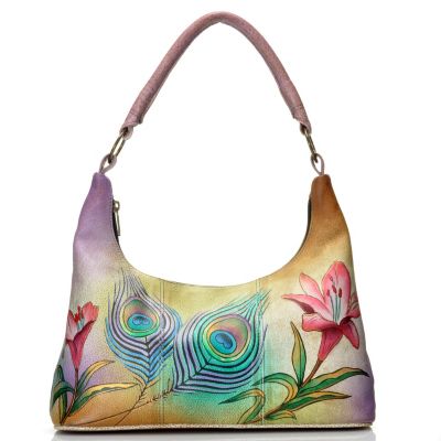 712-835 - Anuschka Hand-Painted Leather Hobo Handbag w/ Matching Pocket Mirror