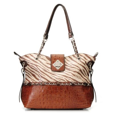 712-863 - Madi Claire Croco Embossed Leather "Carly" Zebra Print Tote Bag