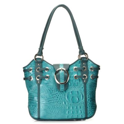 712-871 - Madi Claire Croco Embossed Leather "Simone" Buckle Detailed Tote Bag