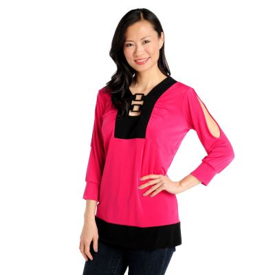 712-903 - Geneology Stretch Knit Cold Shoulder Contrast Trim Tunic