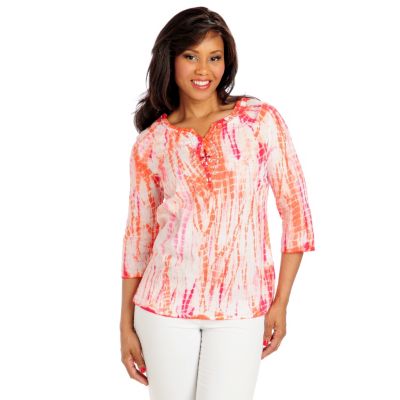 713-008 - OSO Casuals Cotton Gauze 3/4 Sleeved Embellished Neck Tie-dyed Tunic