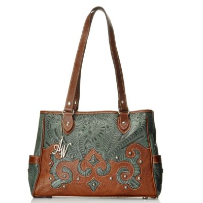 713-020 - American West Hand-Tooled Leather Studded Double Handle Tote Bag