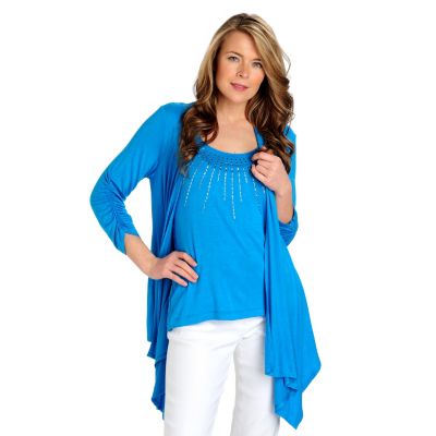 713-022 - Kate & Mallory Stretch Knit Ruched Sleeve Cascade Cardigan & Embellished Tank Set