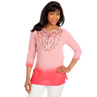 713-044 - OSO Casuals Ombre Gauze 3/4 Sleeved Embellished Keyhole Neck Tunic