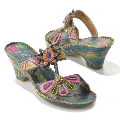 713-126 - Corkys Elite Hand-Painted Leather "Jamaica" Slip-on Demi Heel Flower Sandals