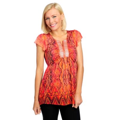 713-181 - One World Micro Jersey Flutter Sleeved Chiffon Trim Embellished Top