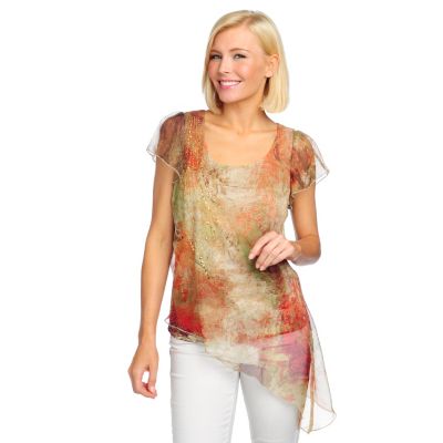 713-184 - One World Chiffon Overlay Flutter Sleeved Asymmetrical Hem Embellished Top