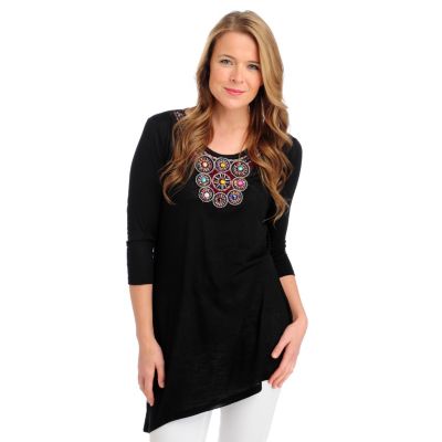 713-284 - Kate & Mallory Slub Knit 3/4 Sleeved Asymmetrical Hem Embellished Top