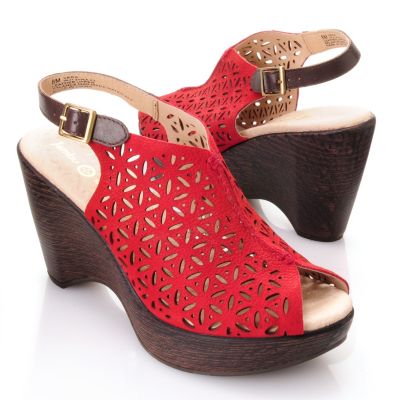 713-292 - Jambu Leather "Vera" Laser Cut Floral Pattern Peep Toe Wedge Sandals