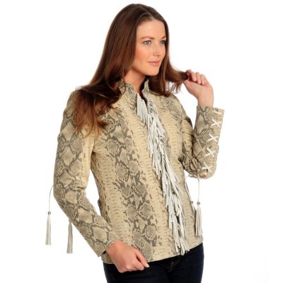 Pamela McCoy Rhinestone & Fringe Detail Python Printed Suede Leather Jacket