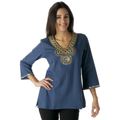 Sweta Gandhi Embellished Blue Chambray Tunic