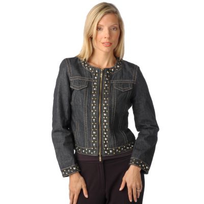 Pamela McCoy Stud Detail Crew Neck Denim Jacket