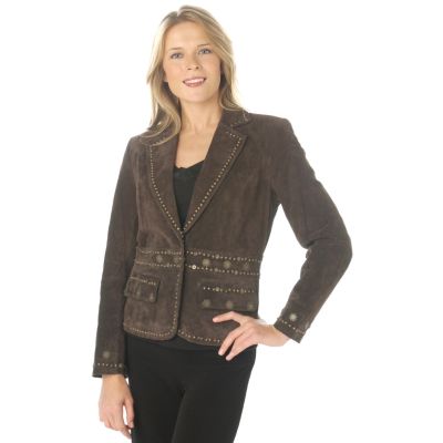 Pamela McCoy Floral Embellished Notch Collar Suede Jacket