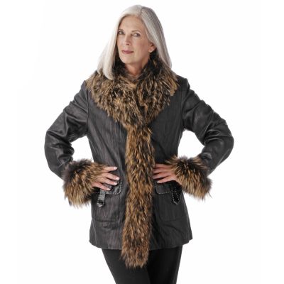 Damselle Raccoon Fur Trim Crinkled Lamb Leather Coat