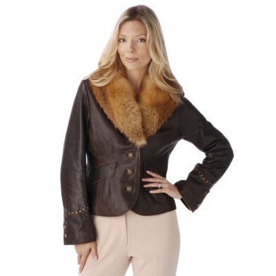 Damselle Fox Fur Collar Stud Detail Lamb Leather Coat