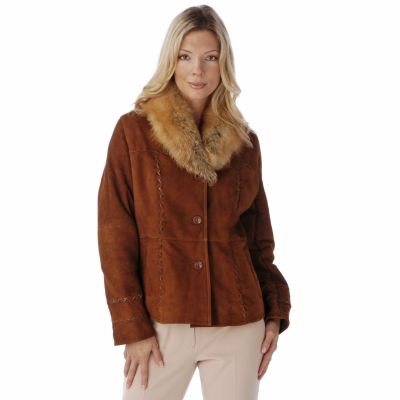 Damselle Fox Fur Collar Whipstitch Detail Shearling Coat
