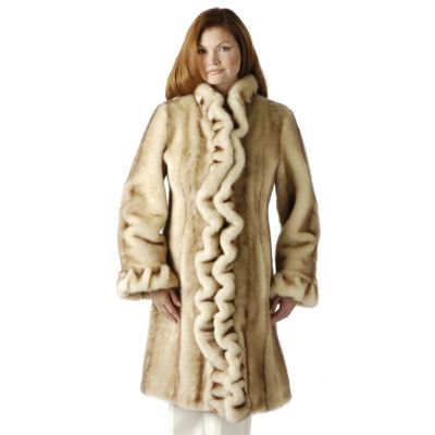 Pamela McCoy Stand Collar Ruffle Front Faux Fur Coat