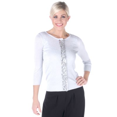 Henry New York Crewneck 3/4 Sleeve Stone-Embellished Cardigan Sweater