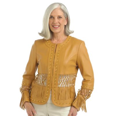 Pamela McCoy Couture Fringe Detail Lamb Leather Jacket
