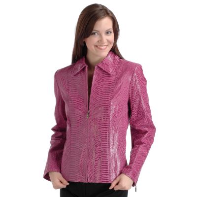 Pamela McCoy Zip Front Reptile-Print Leather Jacket