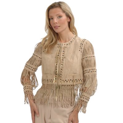 Pamela McCoy Couture Fringe & Stud Detail Suede Jacket