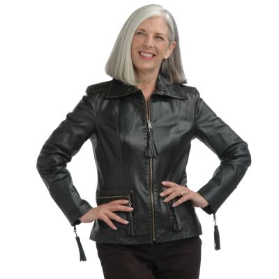 Pamela McCoy Tassel Detail Zip Front Glossy Suede Jacket