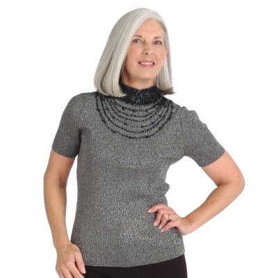 Henry New York Necklace Detail Short Sleeve Rib Mock Neck Sweater