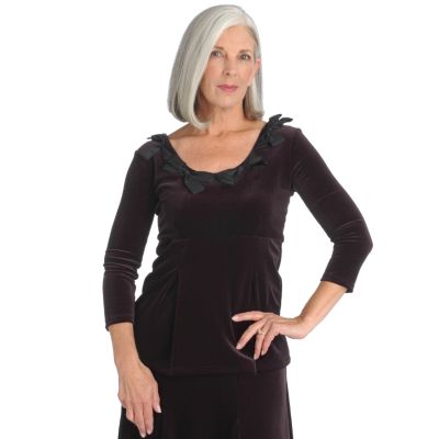 Henry New York Satin Bow Detail Scoop Neck 3/4 Sleeve Velvet Top