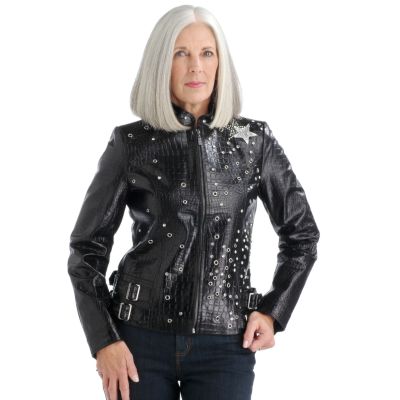 Pamela McCoy Embellished Croco Finish Patent Suede Jacket