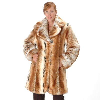 A17247 - Pamela McCoy Large Notch Collar Lynx Fur Replica 3/4 Length Swing Coat
