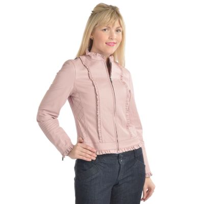 Pamela McCoy Ruffle Trim Crinkled Custom Suede Jacket