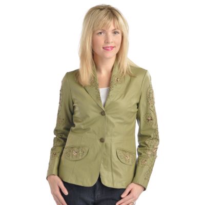Pamela McCoy Applique & Stud Embellished Leather Jacket