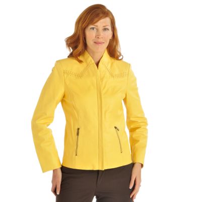 Pamela McCoy Whipstitch Detail Funnel Neck Leather Jacket