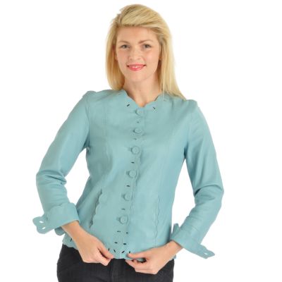 Pamela McCoy Scallop Edge & Eyelet Detail Jewel Neckline Leather Jacket