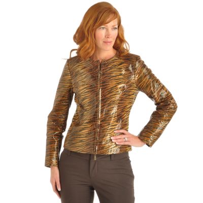Pamela McCoy Jewel Neckline Zebra Print Patent Finish Suede Jacket