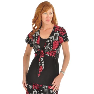 Boutique Chic Short Sleeve Tie Front Printed Stretch Knit Cardigan