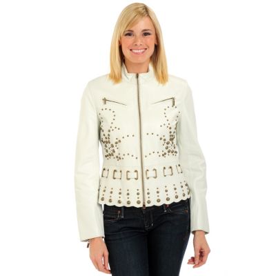 Pamela McCoy Embellished Scallop Trim Leather Jacket