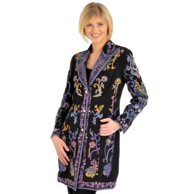 A17630 - Pamela McCoy Embroidery Detail Button Front Woven Duster Jacket
