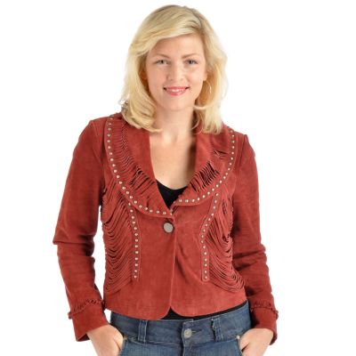 A17695 - Pamela McCoy Shawl Collar Fringe & Stud Detail Suede Jacket