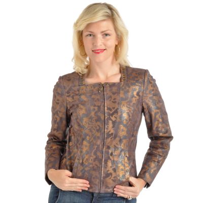 Pamela McCoy Convertible Collar Metallic Print Suede Jacket