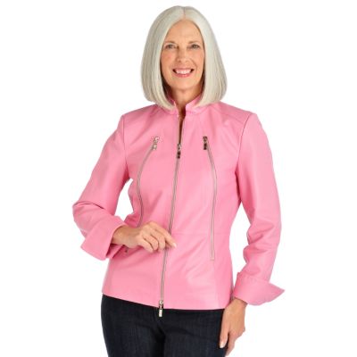 Pamela McCoy Zip Detail Stand Collar Leather Jacket