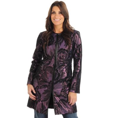 Pamela McCoy Lace Applique Metallic Patent Finish Duster Jacket