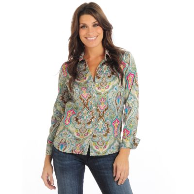 A17846 - Pamela McCoy V-Neck Button Front Paisley Print Shirt