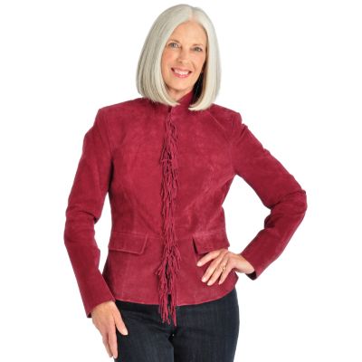 A17855 - Pamela McCoy Fringe Detail Stand Collar Suede Jacket