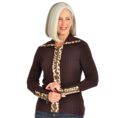 Landers STAR Collection Animal Print Trim Zippered Cardigan