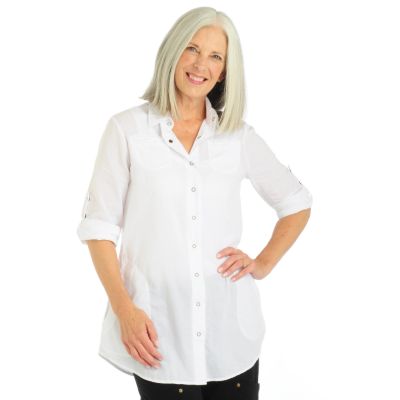 XCVI Convertible Sleeve Snap Front Reporter Blouse