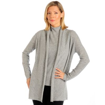In Cashmere Lace Stitch Trim Open Long Sleeve Cashmere Cardigan Sweater