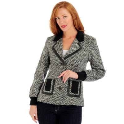 A17939 - Kim Parrish Collection Faux Leather Trim Herringbone Ponte Blazer