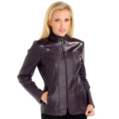Pamela McCoy Croco Embossed Trim Leather Jacket. AUBERGINE